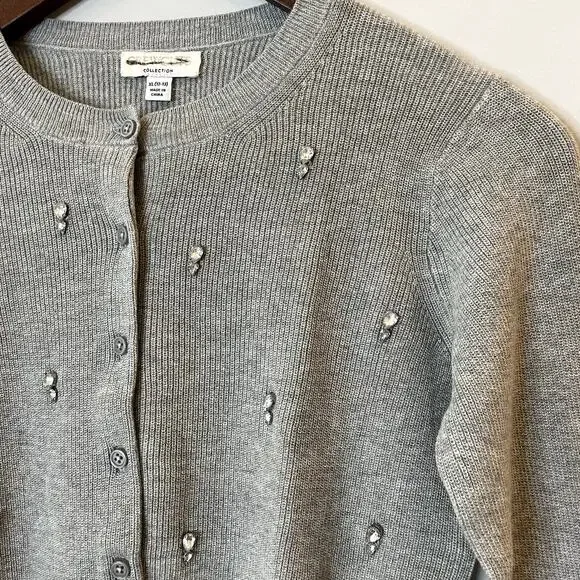 J.Crew Collection Embellished Cardigan Sweater Cotton Holiday CD379 Grey 12 13 - Picture 1 of 14
